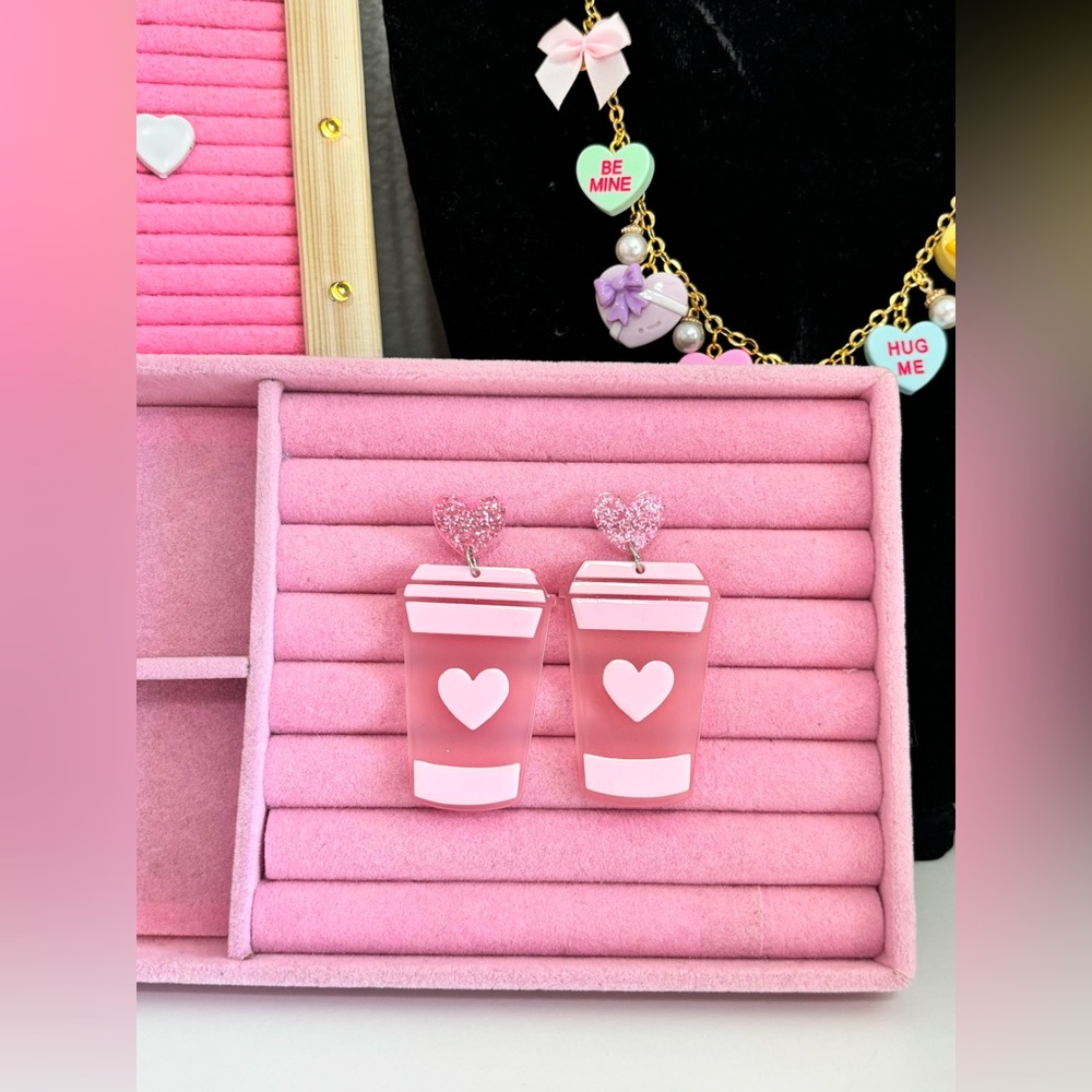 Valentines Day pink coffee earrings
